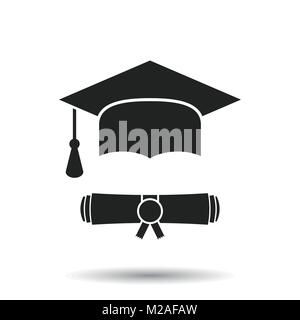 Graduation cap and diploma scroll icon vector illustration in flat style. Finish education symbol. Celebration element. Stock Vector