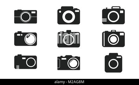 Camera icon set on white background. Vector illustration in flat style with photography icons. Stock Vector