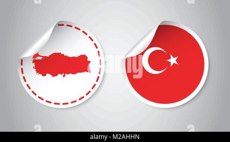 Turkey sticker with flag and map. Label, round tag with country. Vector illustration on gray background. Stock Vector