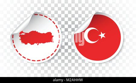 Turkey sticker with flag and map. Label, round tag with country. Vector illustration on isolated background. Stock Vector
