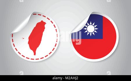 Taiwan sticker with flag and map. Label, round tag with country. Vector illustration on gray background. Stock Vector
