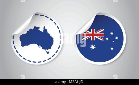 Australia sticker with flag and map. Label, round tag with country. Vector illustration on gray background. Stock Vector