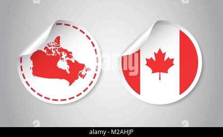 Canada sticker with flag and map. Label, round tag with country. Vector illustration on gray background. Stock Vector