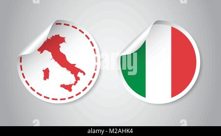 Italy sticker with flag and map. Label, round tag with country. Vector illustration on gray background. Stock Vector