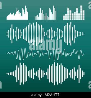 Vector sound waveforms icon. Sound waves and musical pulse vector illustration on green background. Stock Vector