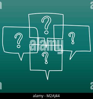 Question marks in thought bubbles. Hand drawn line art cartoon vector illustration on green background. Stock Vector