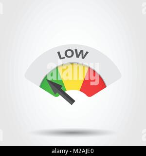 Low level risk gauge vector icon. Low fuel illustration on gray background. Stock Vector
