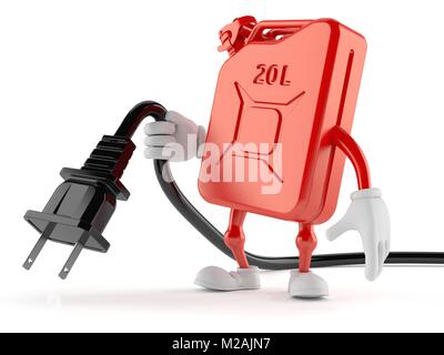 Petrol canister character holding electric plug isolated on white background Stock Photo