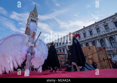 VENICE, ITALY - FEBRUARY 04: Elisa Costantini takes part in the Flight of Angel in Saint Mark's Square on February 4, 2018 in Venice, Italy. The theme Stock Photo