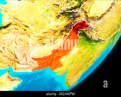 Map of Pakistan in red as seen from space on planet Earth with white borderlines. 3D illustration. Elements of this image furnished by NASA. Stock Photo