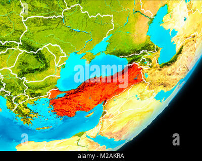 Map of Turkey in red as seen from space on planet Earth with white borderlines. 3D illustration. Elements of this image furnished by NASA. Stock Photo