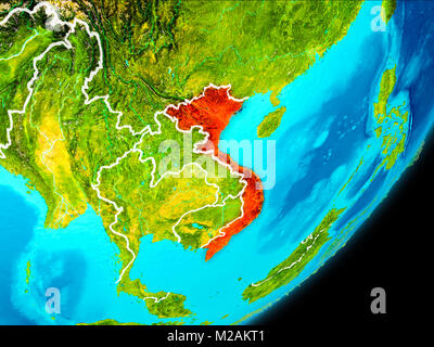 Map of Vietnam in red as seen from space on planet Earth with white borderlines. 3D illustration. Elements of this image furnished by NASA. Stock Photo