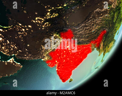 India in the morning highlighted in red on planet Earth. 3D illustration. Elements of this image furnished by NASA. Stock Photo