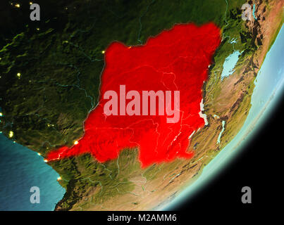 Democratic Republic of Congo in the morning highlighted in red on planet Earth. 3D illustration. Elements of this image furnished by NASA. Stock Photo