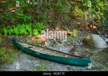 a green canoe empty on a lake shore rhode island USA Stock Photo