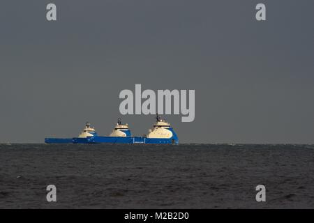 Three Medium Sized Oil Platform Supply Vessels, Nao Viking, Prosper and Power. Moored Offshore Aberdeen, North Sea, Scotland, UK. Stock Photo