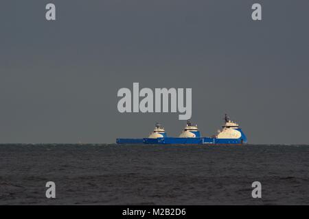 Three Medium Sized Oil Platform Supply Vessels, Nao Viking, Prosper and Power. Moored Offshore Aberdeen, North Sea, Scotland, UK. Stock Photo