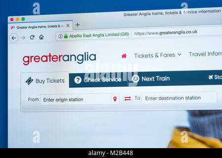 LONDON, UK - JANUARY 8TH 2018: The homepage of the official website for Greater Anglia - the train operating company in Great Britain, on 8th January  Stock Photo