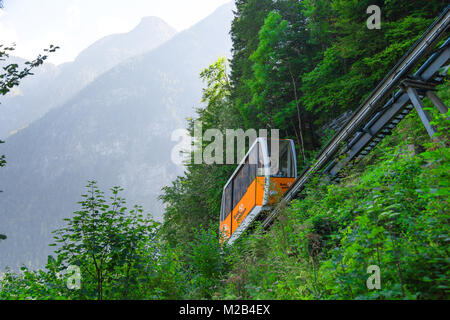 HALLSTATT, AUSTRIA - SEPTEMBER 14, 2016 : Cable railway between Hallstatt and Salzberg peak in Austria Salzkammergut mountains. Stock Photo