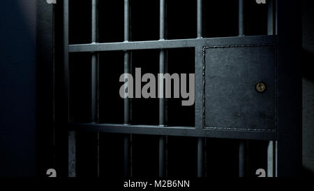 A closeup of the locking mechanism of an open jail cell with welded iron bars on a dimly lit dark background - 3D render Stock Photo