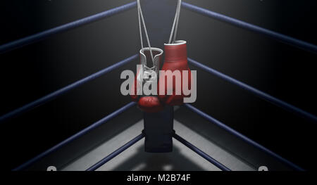 The blue corner of a boxing ring with gloves hanging on a pole spotlit ...