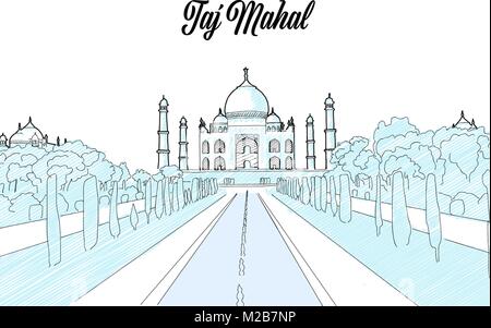 Taj Mahal Travel Sketch. Hand drawn outline illustration for print design and travel marketing Stock Vector