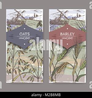 Set of two color labels with Barley aka Hordeum vulgare and oats aka Avena sativa sketch. Cereal plants collection. Stock Vector