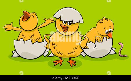 Cartoon Illustration of Little Chicks Characters Hatching from Eggs Stock Vector