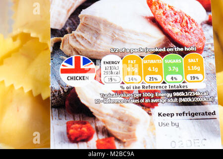Chicken pasta food label close up showing traffic light rating system & use by date, United Kingdom Stock Photo