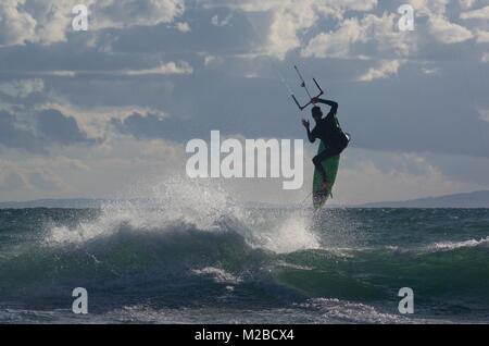 Kitesurfer at Los Lances beach, Tarifa, Spain Stock Photo