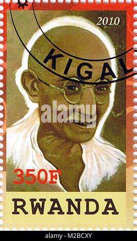 RWANDA - CIRCA 2010: A stamp printed in Rwanda shows Mahatma Gandhi, series, circa 2010 Stock Photo