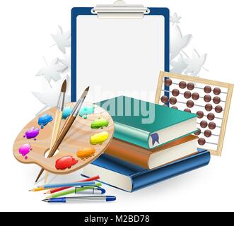 School items composition background with brushes and art palette Stock Vector