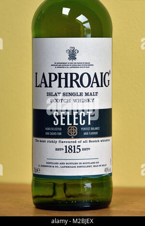 Detail of label on bottle of Laphroaig Islay single malt Scotch whisky. Select.