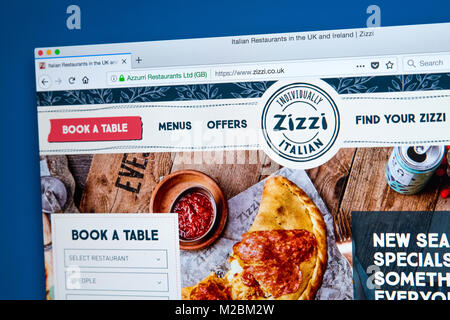 LONDON, UK - JANUARY 10TH 2018: The homepage of the official website for Zizzi - the restaurant chain serving Italian cuisine in the UK, on 10th Janua Stock Photo