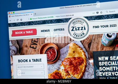 LONDON, UK - JANUARY 10TH 2018: The homepage of the official website for Zizzi - the restaurant chain serving Italian cuisine in the UK, on 10th Janua Stock Photo