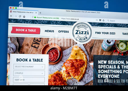 LONDON, UK - JANUARY 10TH 2018: The homepage of the official website for Zizzi - the restaurant chain serving Italian cuisine in the UK, on 10th Janua Stock Photo