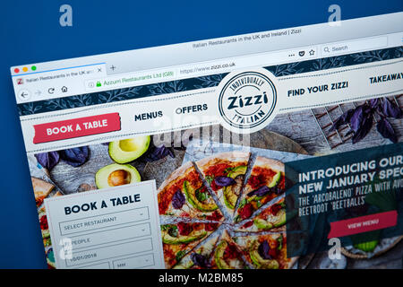 LONDON, UK - JANUARY 10TH 2018: The homepage of the official website for Zizzi - the restaurant chain serving Italian cuisine in the UK, on 10th Janua Stock Photo