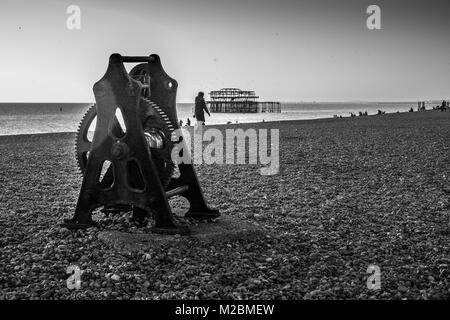 Old Boat Winch on Brighton beach in the winter Stock Photo