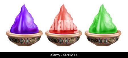 three clay pots with paint isolated on white to holi Stock Vector