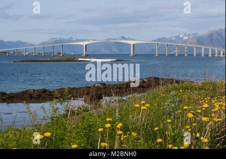 Bridge joint islands, type of Cantilever bridge,  in the Vesterålen archipelago, county of Nordland, Norway. Stock Photo