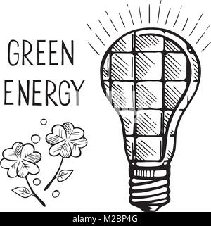 Alternative sources of electricity. Solar panels. Ecological energy. Vector hand drawn sketch. Stock Vector