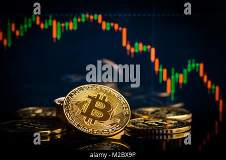 Concept with bitcoins and falling candle graph on background. Stock Photo