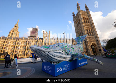 Giant whale called 'Plasticus' made from plastic waste in front of the Houses of Parliament as part of Sky Ocean Rescue's 'Pass on Plastic' campaign. Stock Photo