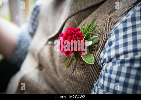 Man wearing herringbone waistcoat, with red boutonniere, mid section, close-up Stock Photo