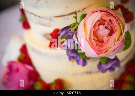 Fresh flowers and fruit on tiered celebration cake, close-up Stock Photo