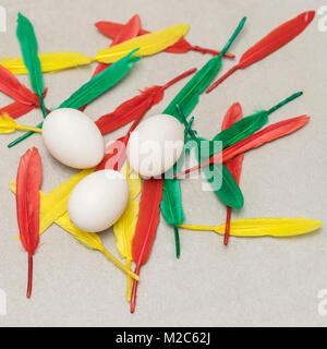 Natural white chicken eggs, colorful feathers on grey stone background. Easter still life, spring, summer, organic food, dieting Stock Photo
