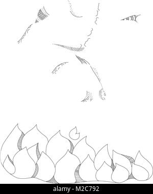 Doodle art illustration of an obstacle course event racer jumping over fire on isolated background done in black and white.
