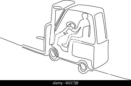 Continuous line drawing illustration of a warehouse operator driver driving a forklift truck viewed from high angle done in sketch or doodle style. Stock Vector