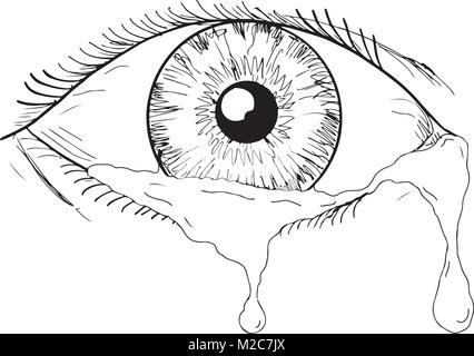 Drawing sketch style illustration of a human eye crying and blinking with tears flowing isolated on white background. Stock Vector