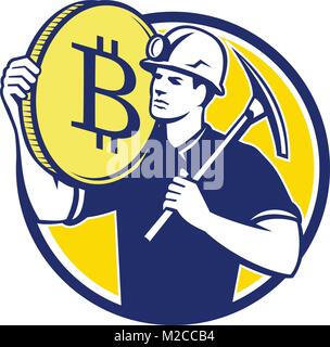 Retro style illustration of Crytocurrency miner with pick ax carrying a bitcoin on shoulder set inside circle on isolated background. Stock Vector